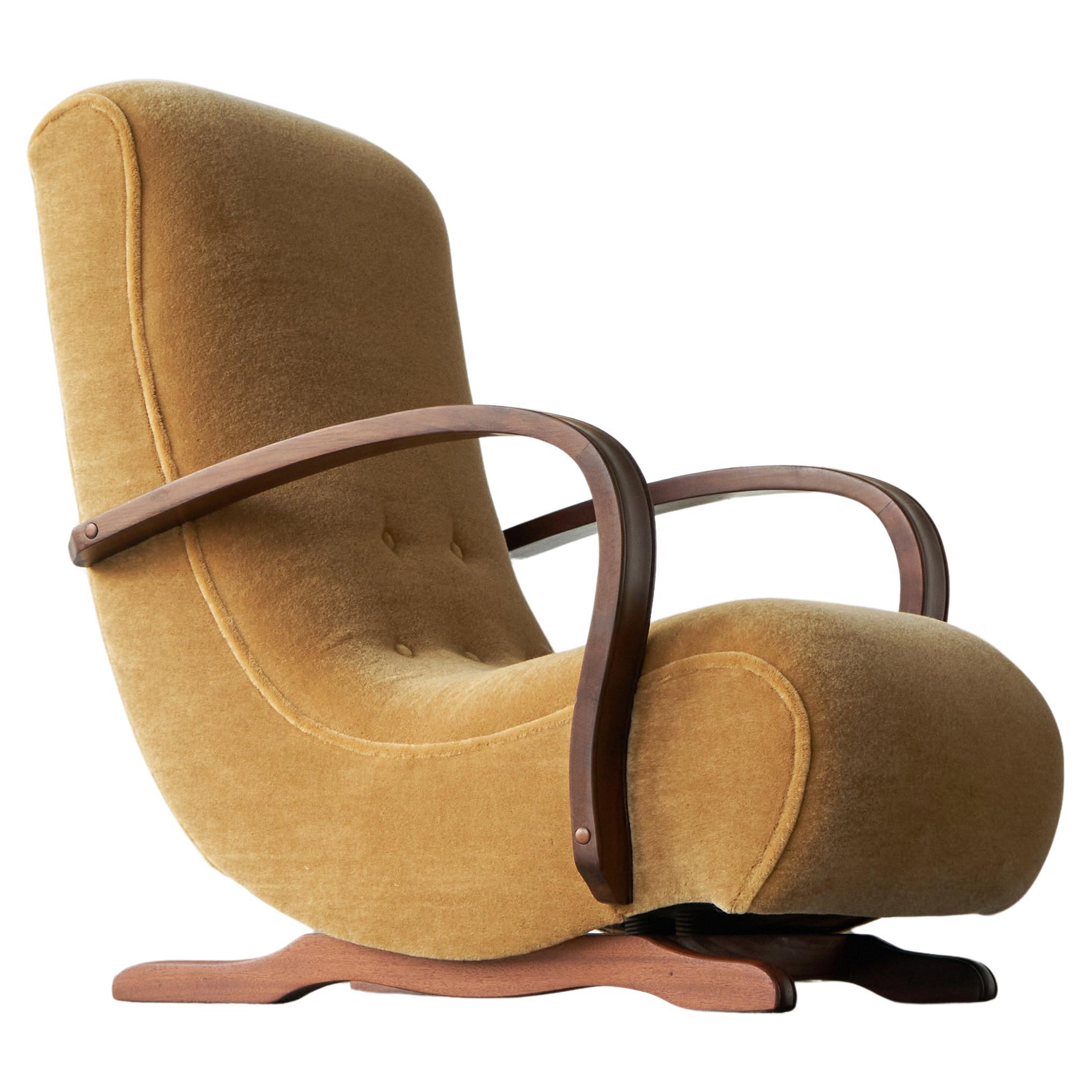South African Cabinetmaker Rocking Lounge Chair in Mohair and Solid Wood 1930s