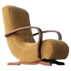 Fauteuil de salon à bascule d'ébéniste sud-africain en mohair et bois massif des années 1930