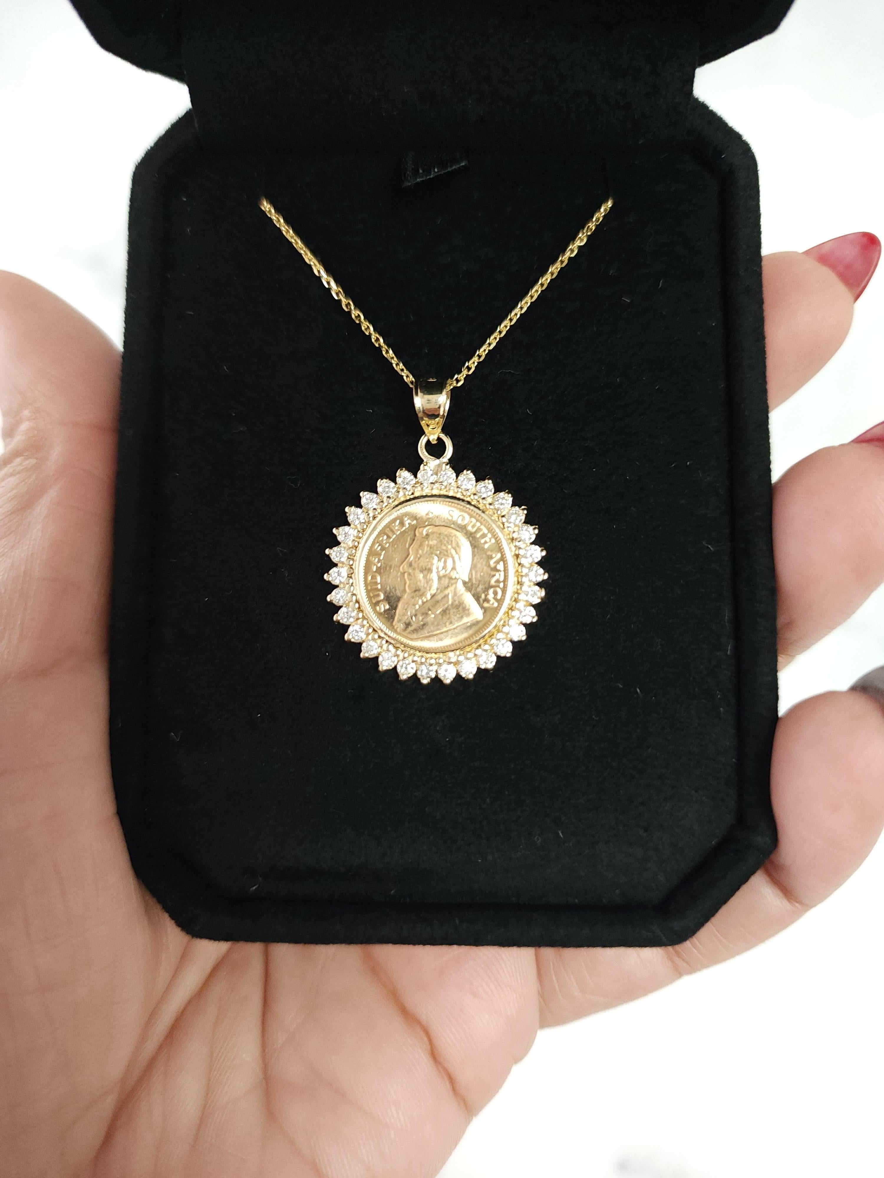 Round Cut South African Coin Necklace with Diamond Halo  For Sale