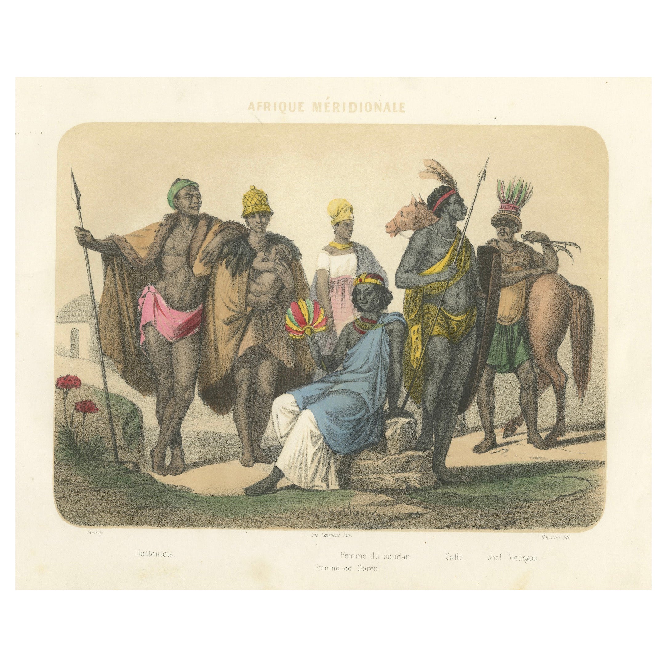 Südafrikanische Trachten - Hottentotten, sudanesische Frauen und Häuptling Moussaou, um 1845
