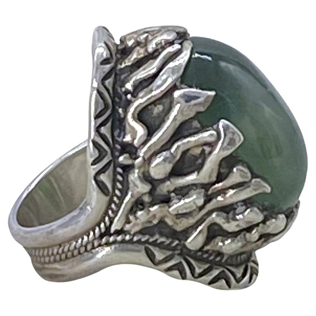 Cabochon South African Prehnite Sterling Silver Statement Ring For Sale