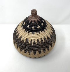 South African Zulu Basket with Lid, Geometric Handmade Basketry