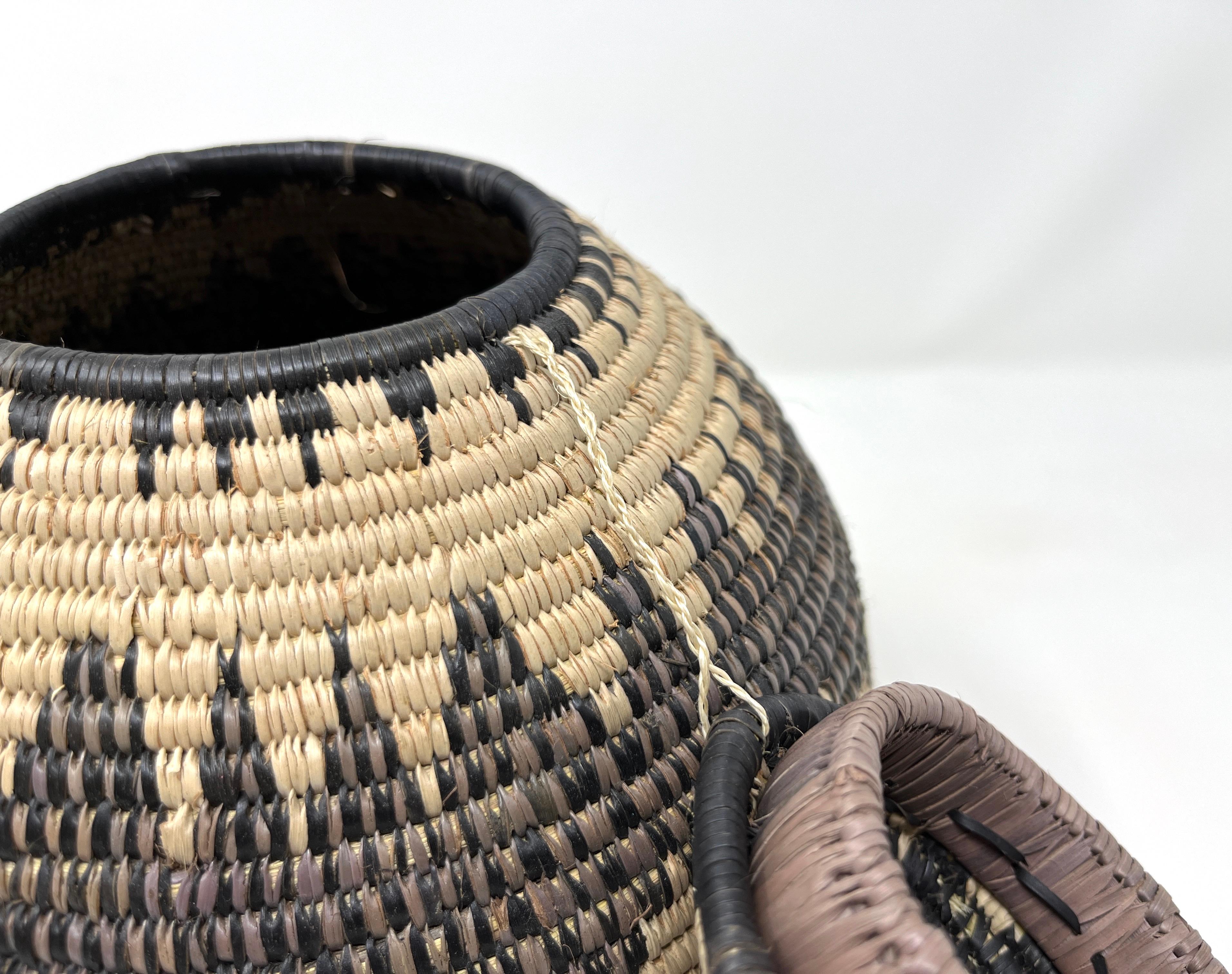 Tribal South African Zulu Basket with Lid, Geometric Handmade Basketry
