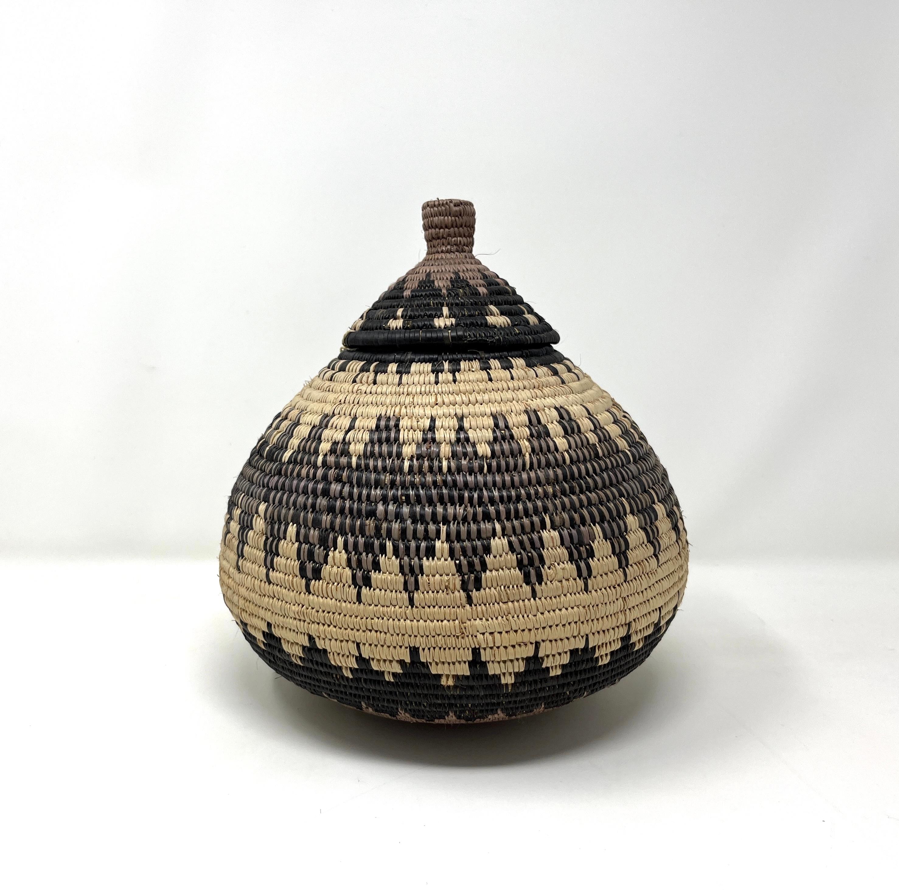 South African Zulu Basket with Lid, Geometric Handmade Basketry