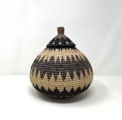 Used South African Zulu Basket with Lid, Geometric Handmade Basketry