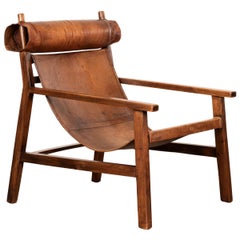 South American or Brazilian Lounge Chair with Patined Saddle Leather Upholstery