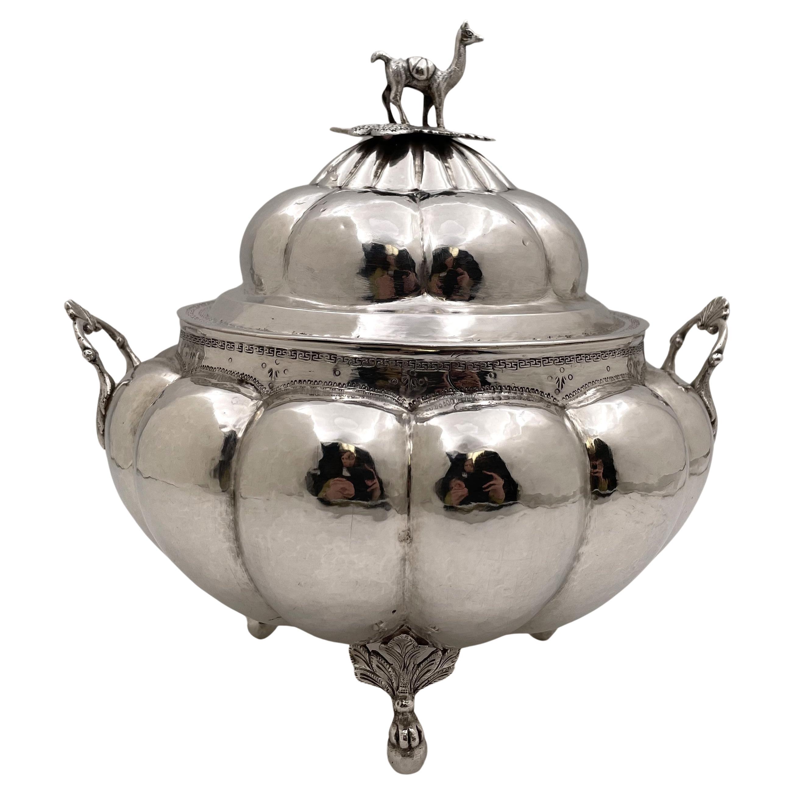 South American Silver Tureen/ Covered Bowl with Camel Finial For Sale