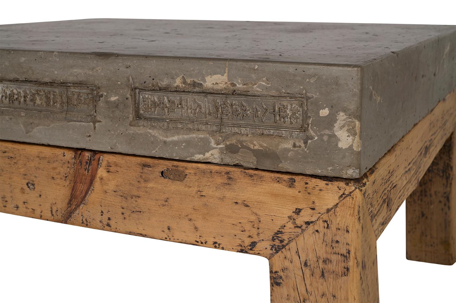 Organic Modern South Asia Architectural Stone Top Wood Base Coffee Table For Sale
