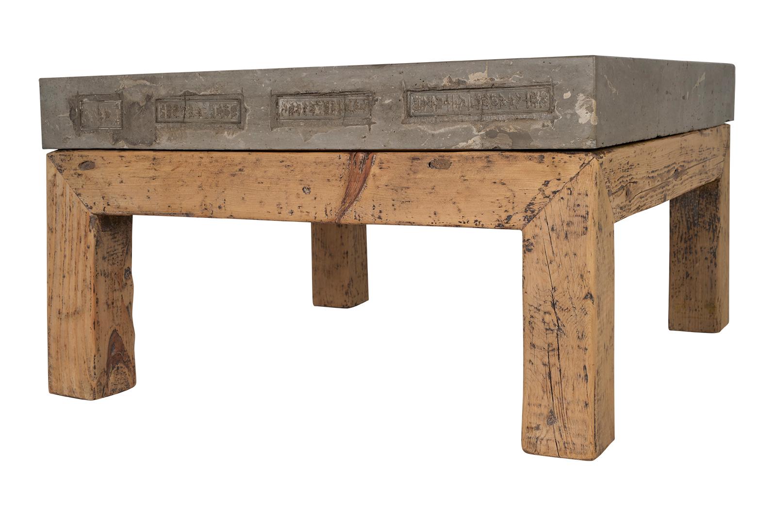 South Asia Architectural Stone Top Wood Base Coffee Table In Good Condition For Sale In Dallas, TX