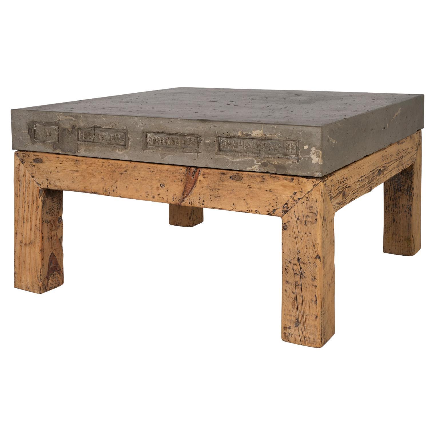 South Asia Architectural Stone Top Wood Base Coffee Table