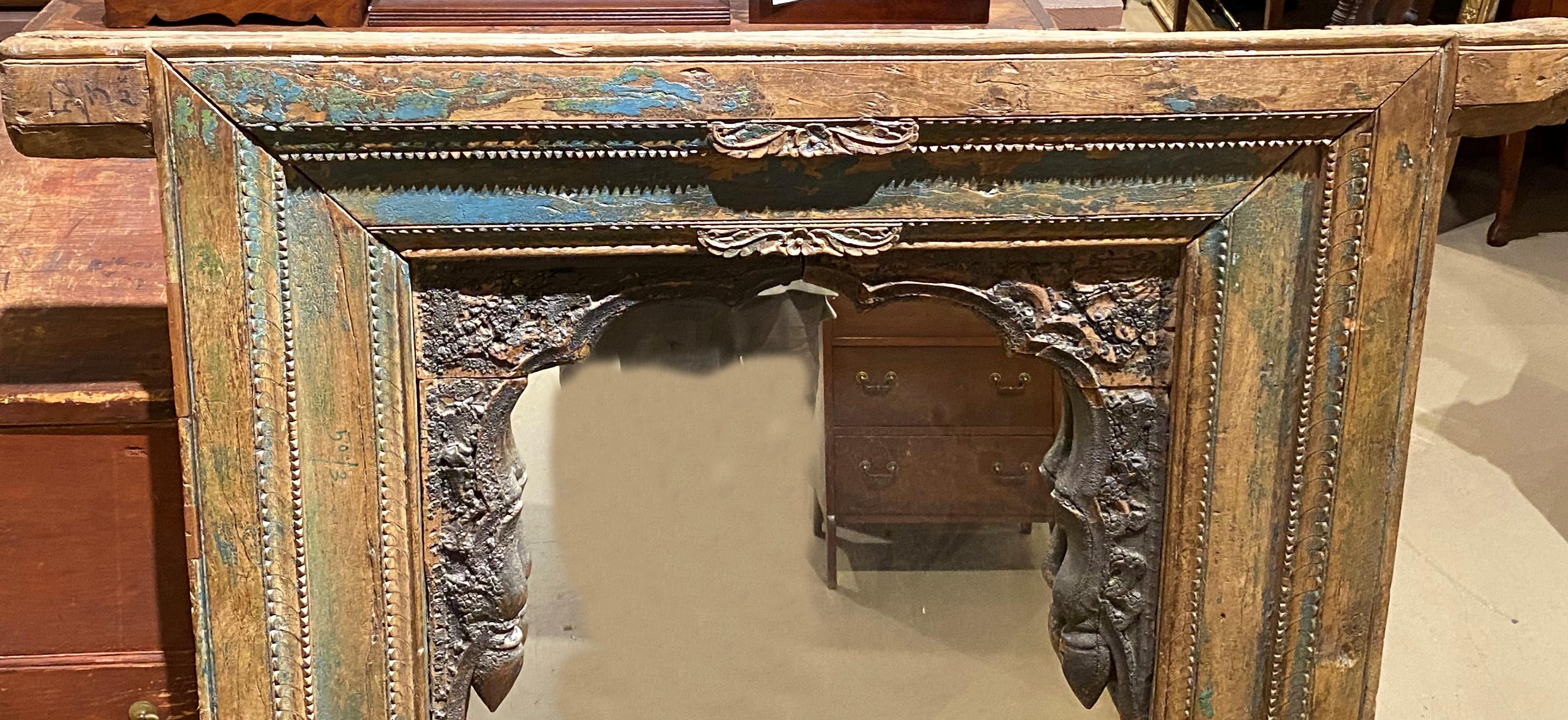 Hand-Carved South Asian Architectural Element with Wall Mirror For Sale