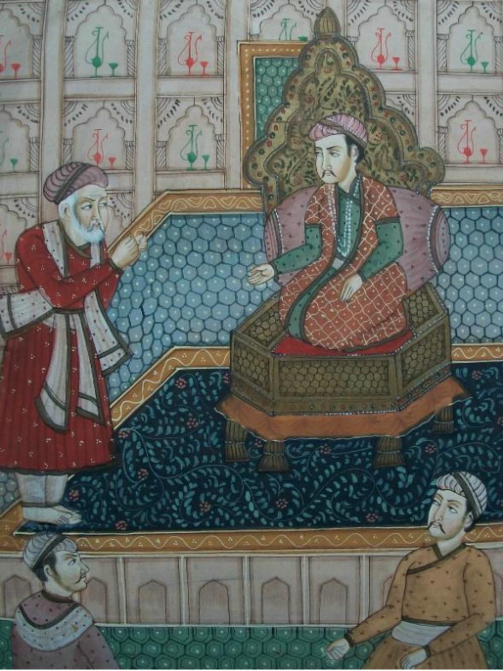 Vintage South Asian gouache peshwa painting on prepared fine cotton with gilt highlights - traditional style - fine detail painting to the figures - the canvas set against a padded backing - contained in a faux bamboo gilt frame - Columbian gallery