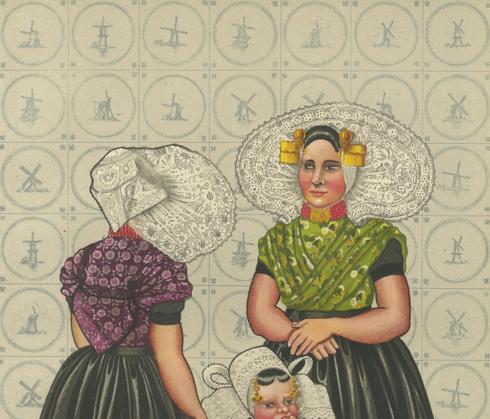 South Beveland Frauen und Mädchen in Spitzen-Caps und schwarzen Röcken mit goldenen Nadeln

Original Chromolithographie von 1932 aus Die Nationaltrachten von Holland

Dieser detailreiche Druck zeigt zwei Frauen aus Süd-Beveland und ein kleines