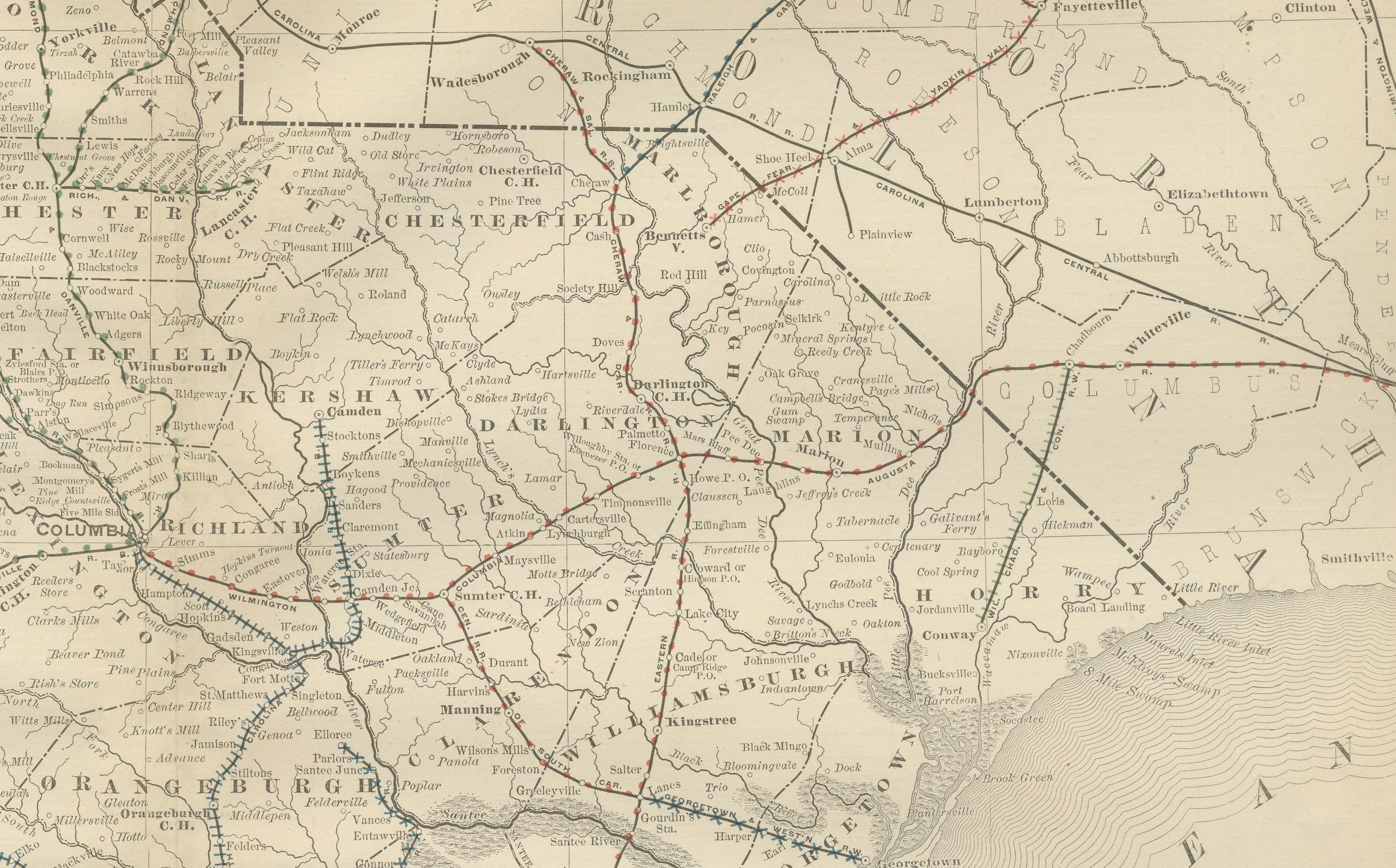 Antique Map of South Carolina – Rand McNally, circa 1888

This antique map of South Carolina was published by Rand, McNally & Co. around 1888. Part of their celebrated late 19th-century atlas series, the map offers a detailed view of the state at a