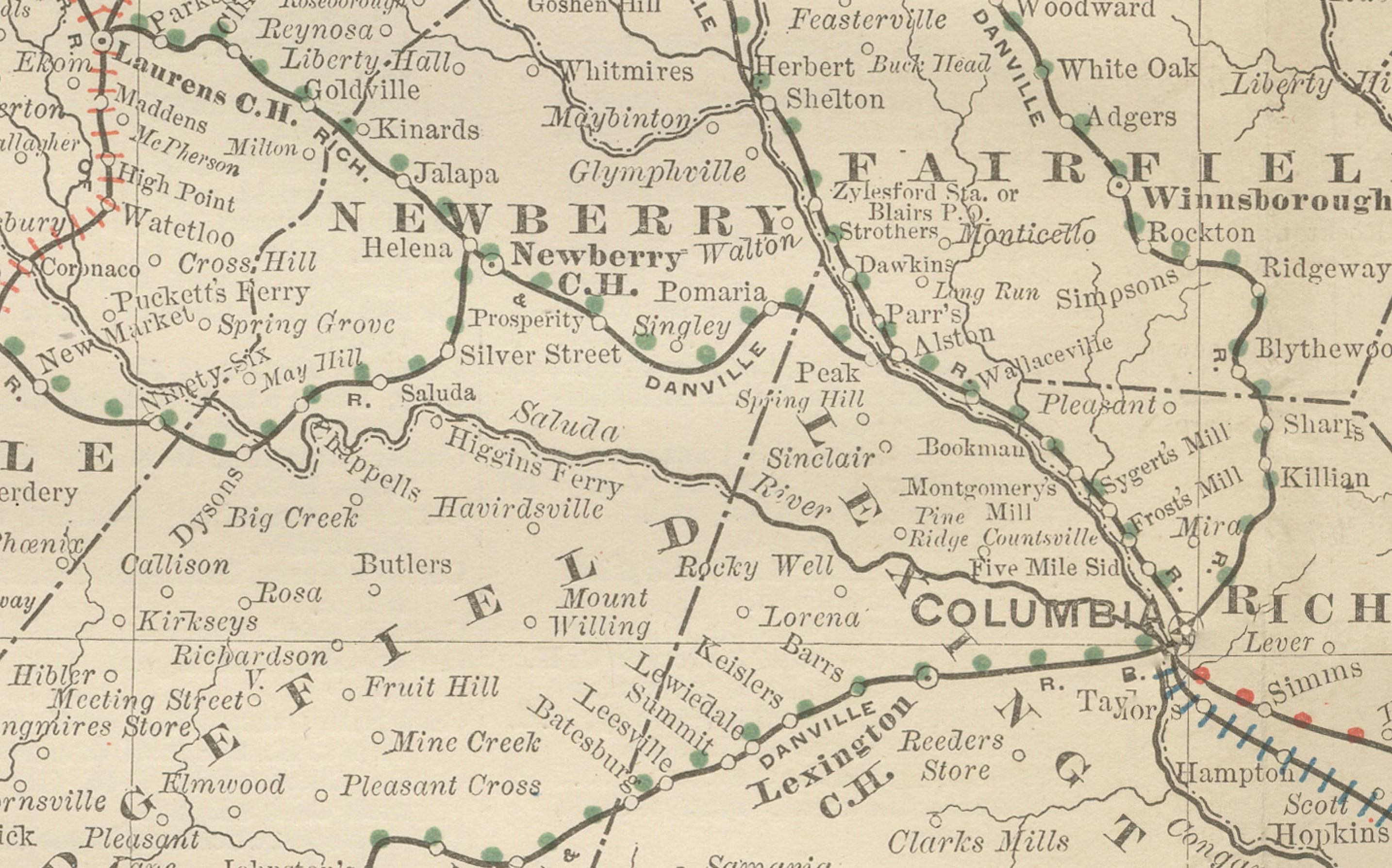 American South Carolina Antique Map c.1888 – The Palmetto State, Railroads & Counties For Sale