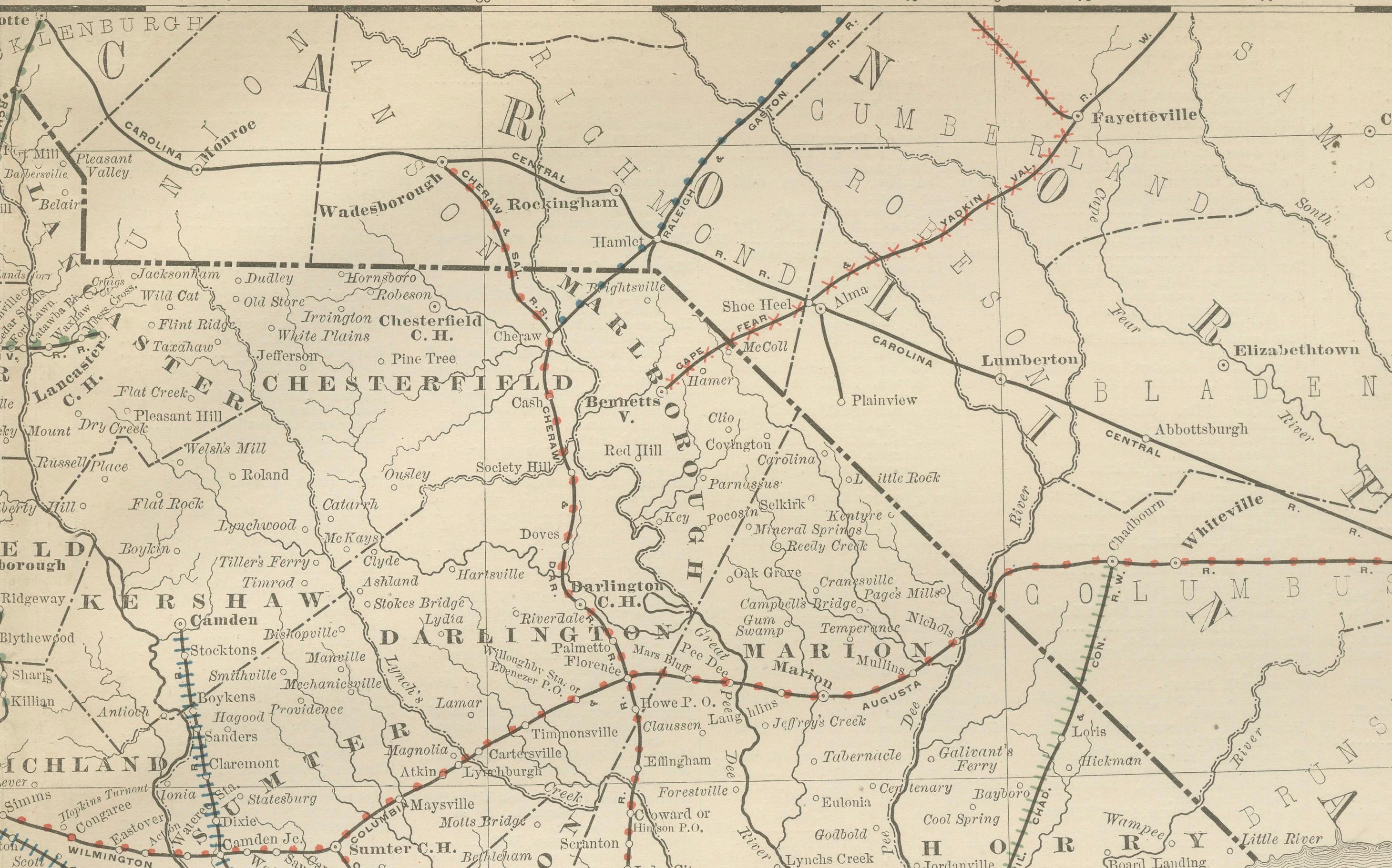 Engraved South Carolina Antique Map c.1888 – The Palmetto State, Railroads & Counties For Sale