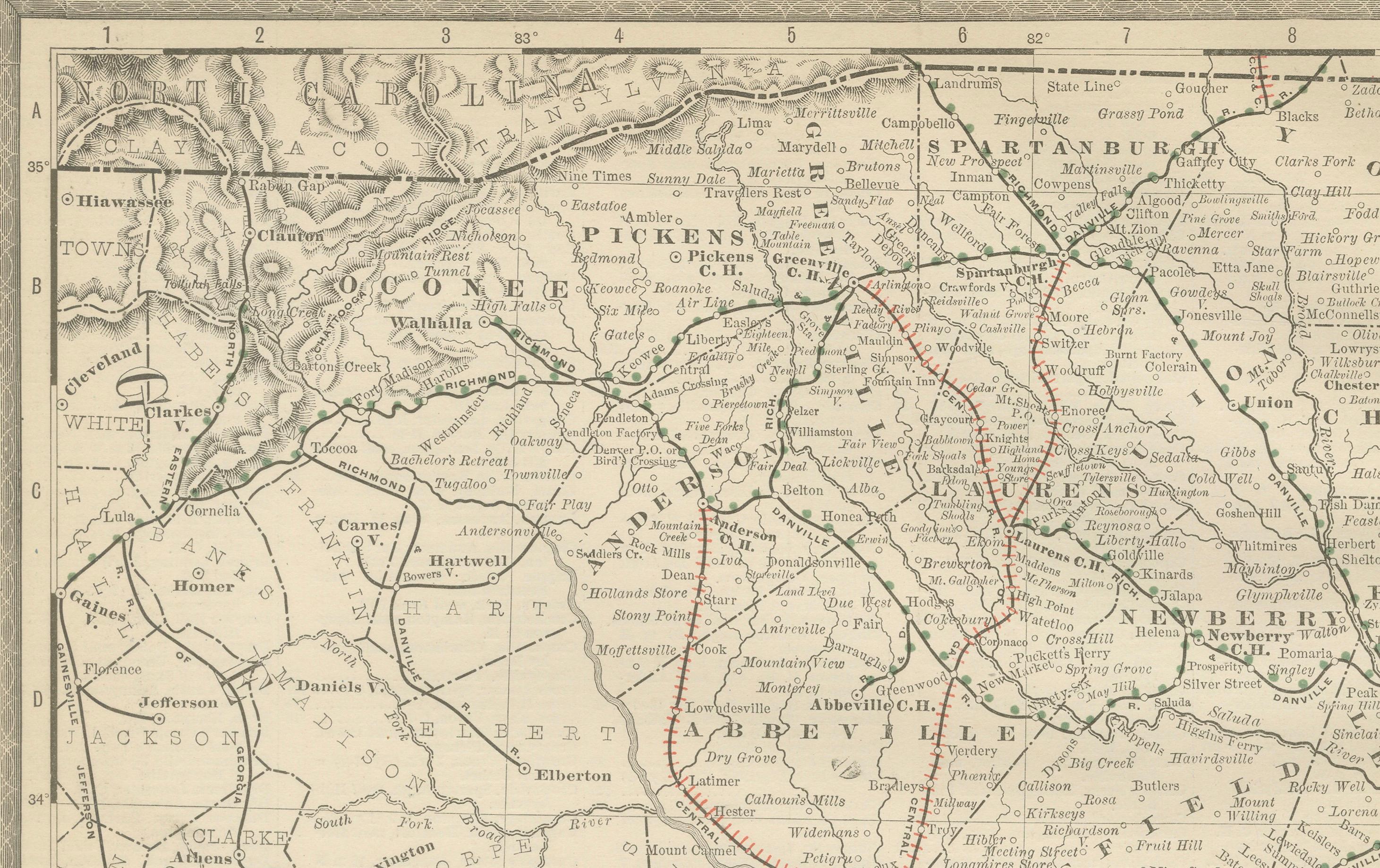 South Carolina Antique Map c.1888 – The Palmetto State, Railroads & Counties In Good Condition For Sale In Langweer, NL