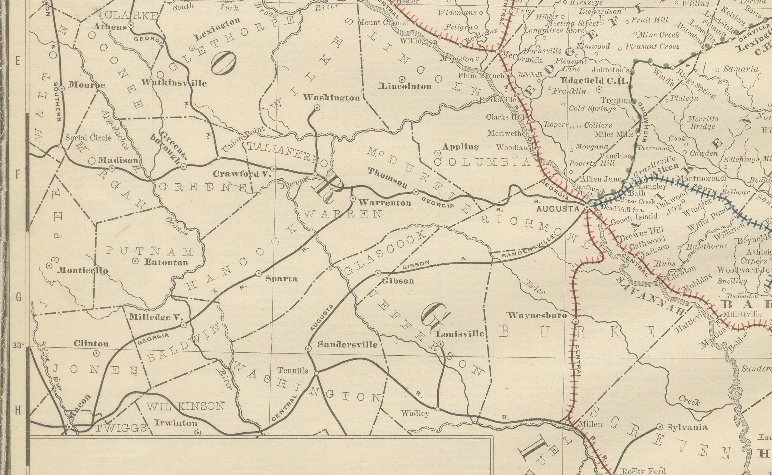 19th Century South Carolina Antique Map c.1888 – The Palmetto State, Railroads & Counties For Sale