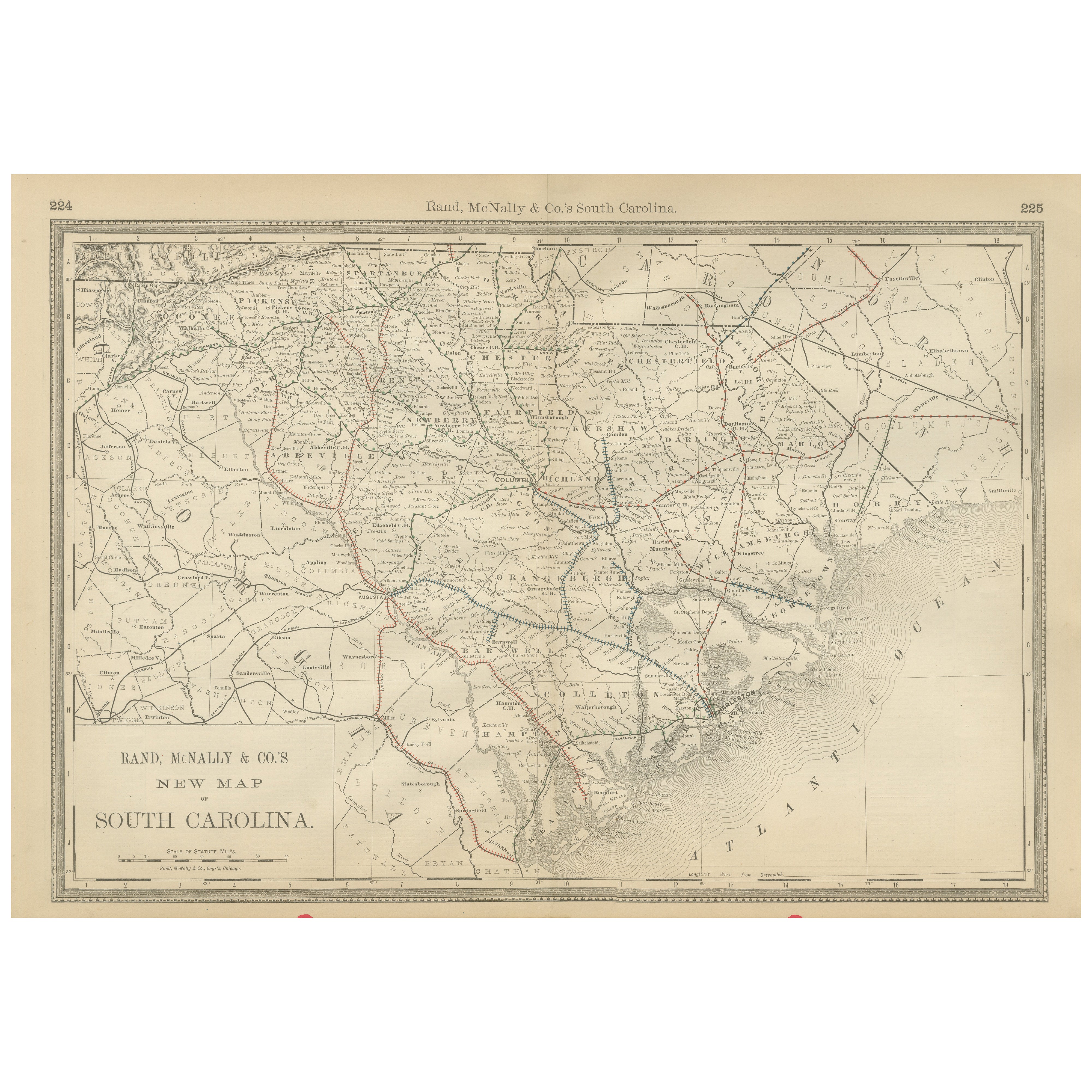 South Carolina Antique Map c.1888 – The Palmetto State, Railroads & Counties For Sale