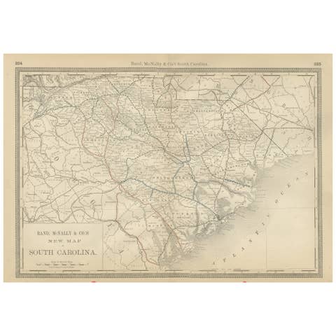 South Carolina Antique Map c.1888 – The Palmetto State, Railroads & Counties