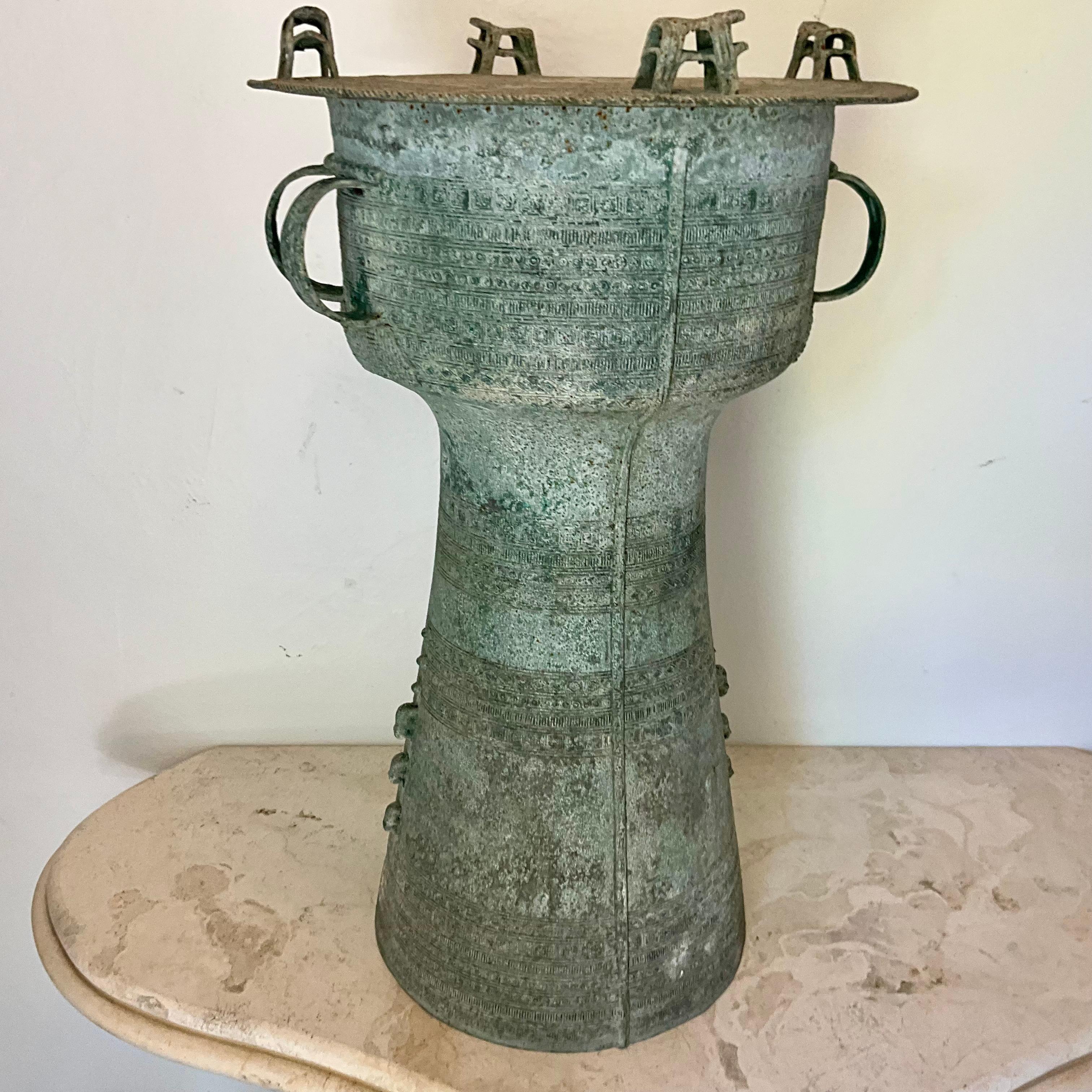 Hand-Crafted South East Asian Bronze Rain Drum w/ Snail and Elephant Accents - Antique For Sale