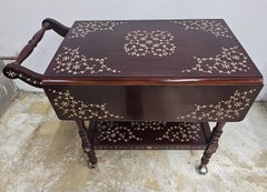 South East Asian Hancrafted Bone Marquetry Rosewood Drop Leaf Serving / Tea Cart