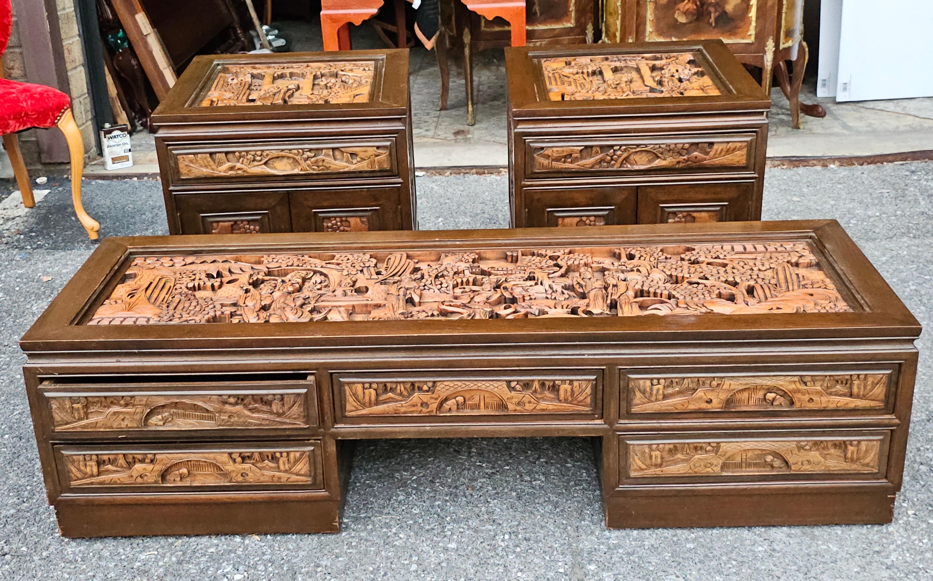 South East Asian Hand-Carved Five-Drawer Coffee Table with Glass Top Inset For Sale 3