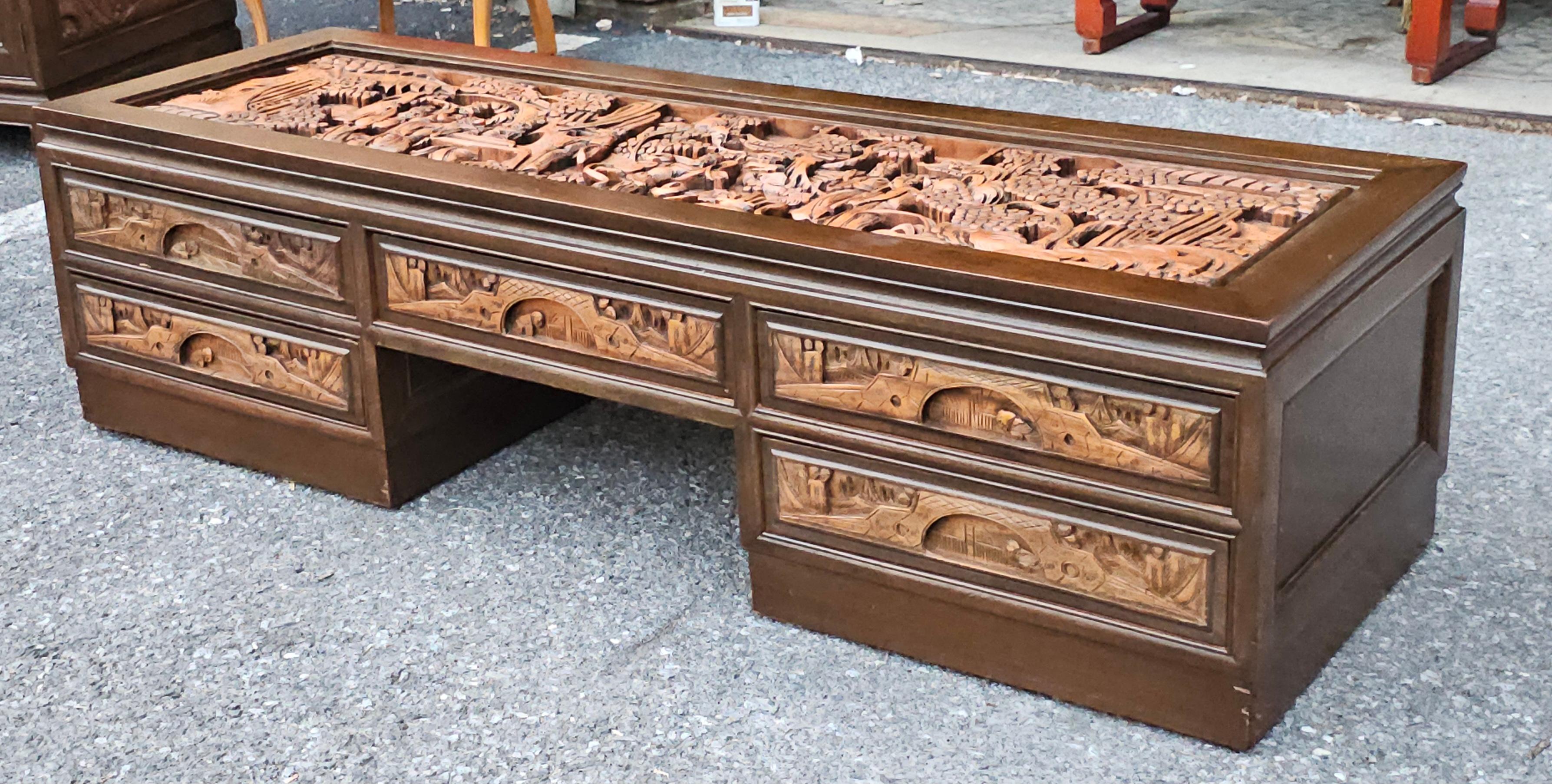 Tang South East Asian Hand-Carved Five-Drawer Coffee Table with Glass Top Inset For Sale