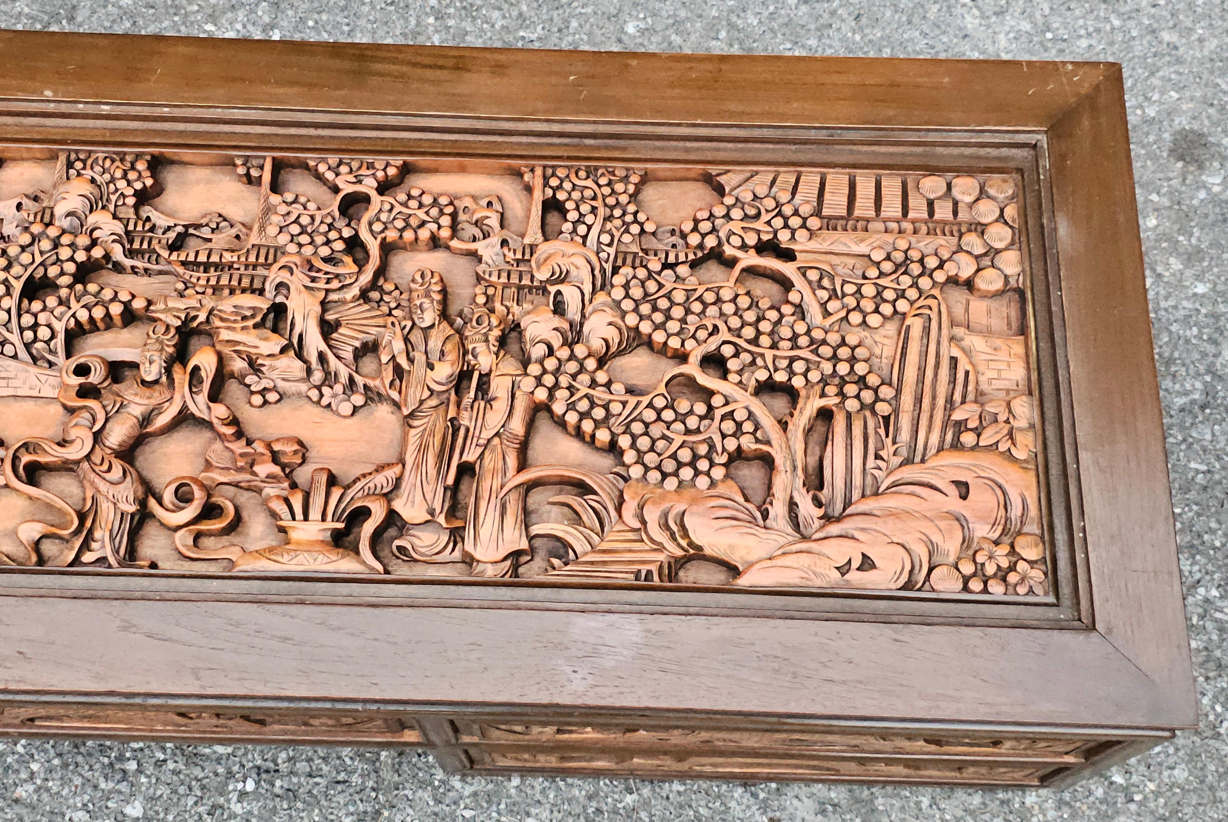 Chinese South East Asian Hand-Carved Five-Drawer Coffee Table with Glass Top Inset For Sale