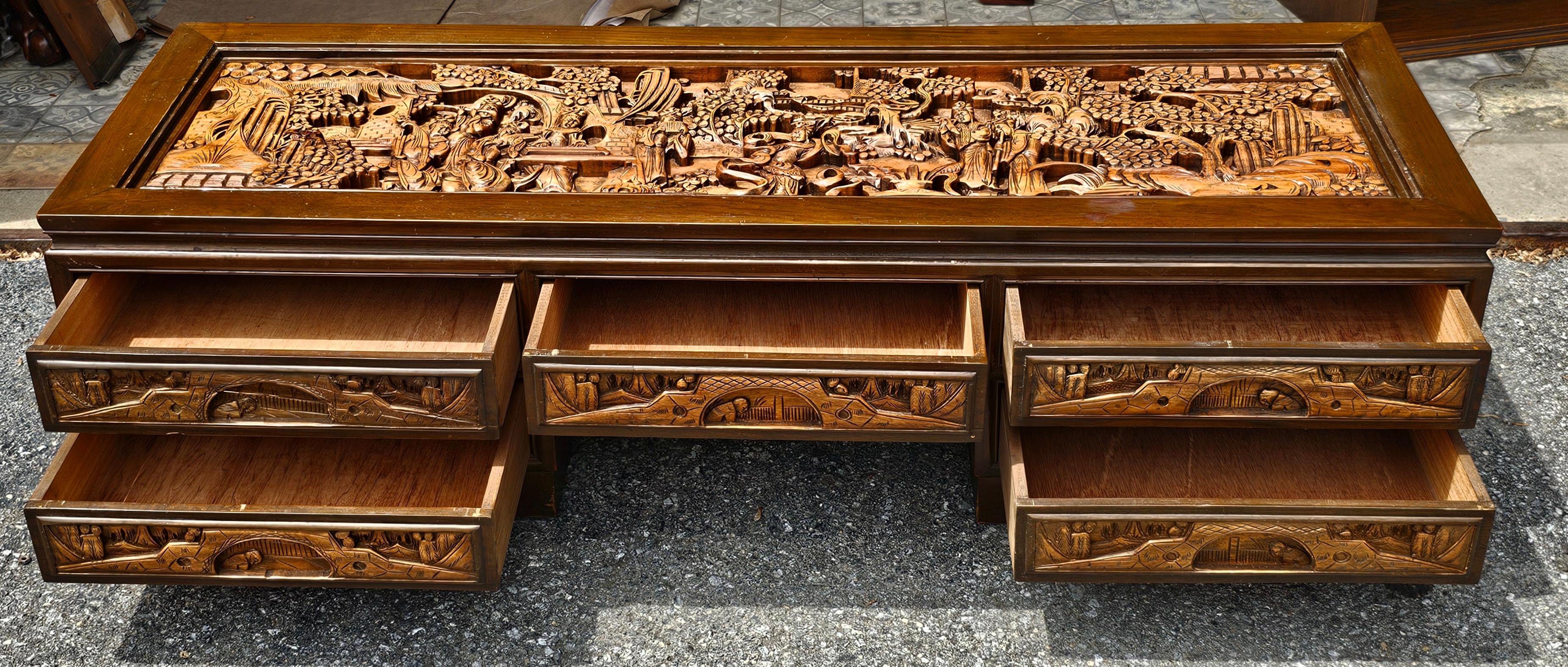 20th Century South East Asian Hand-Carved Five-Drawer Coffee Table with Glass Top Inset For Sale