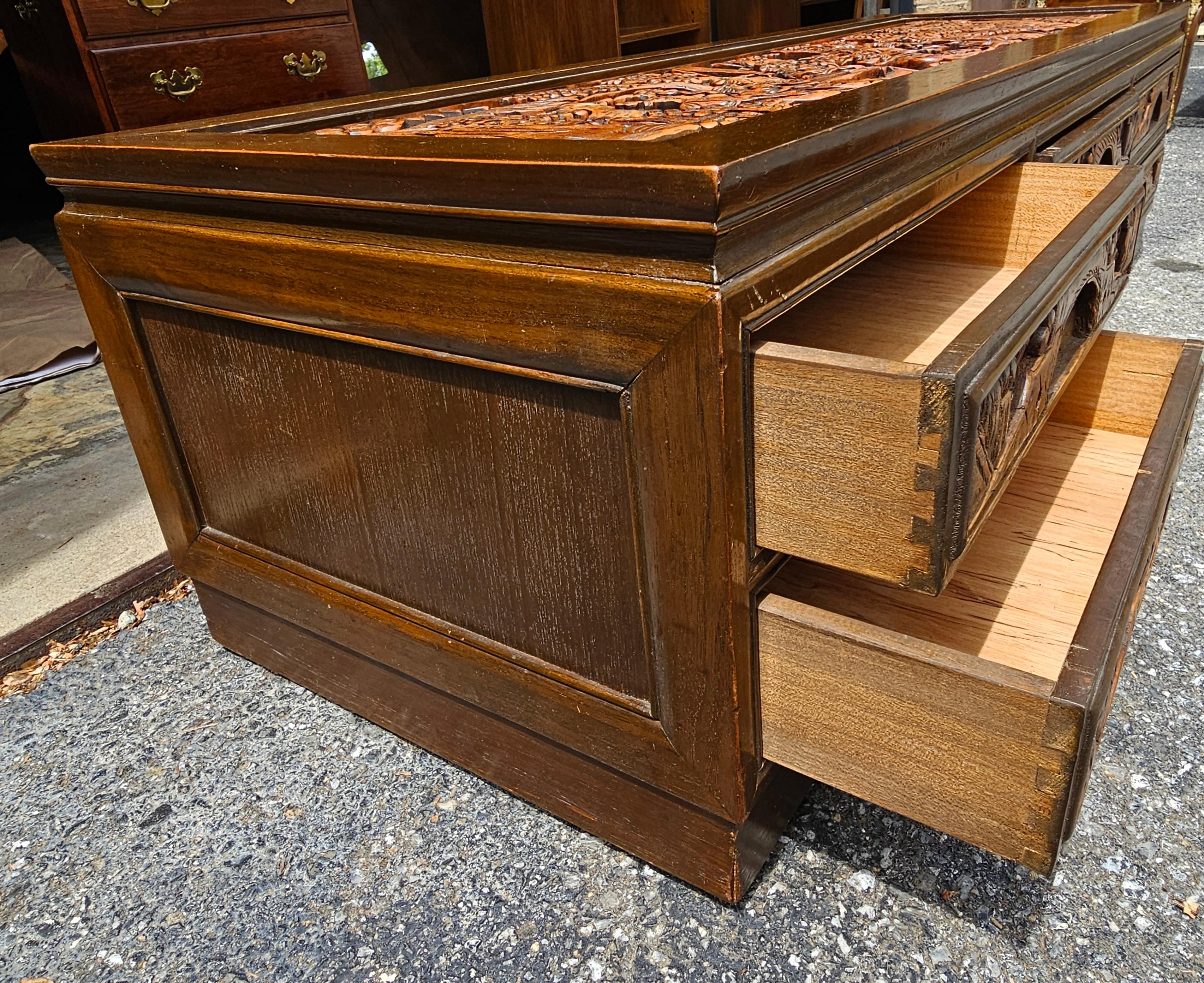 Hardwood South East Asian Hand-Carved Five-Drawer Coffee Table with Glass Top Inset For Sale