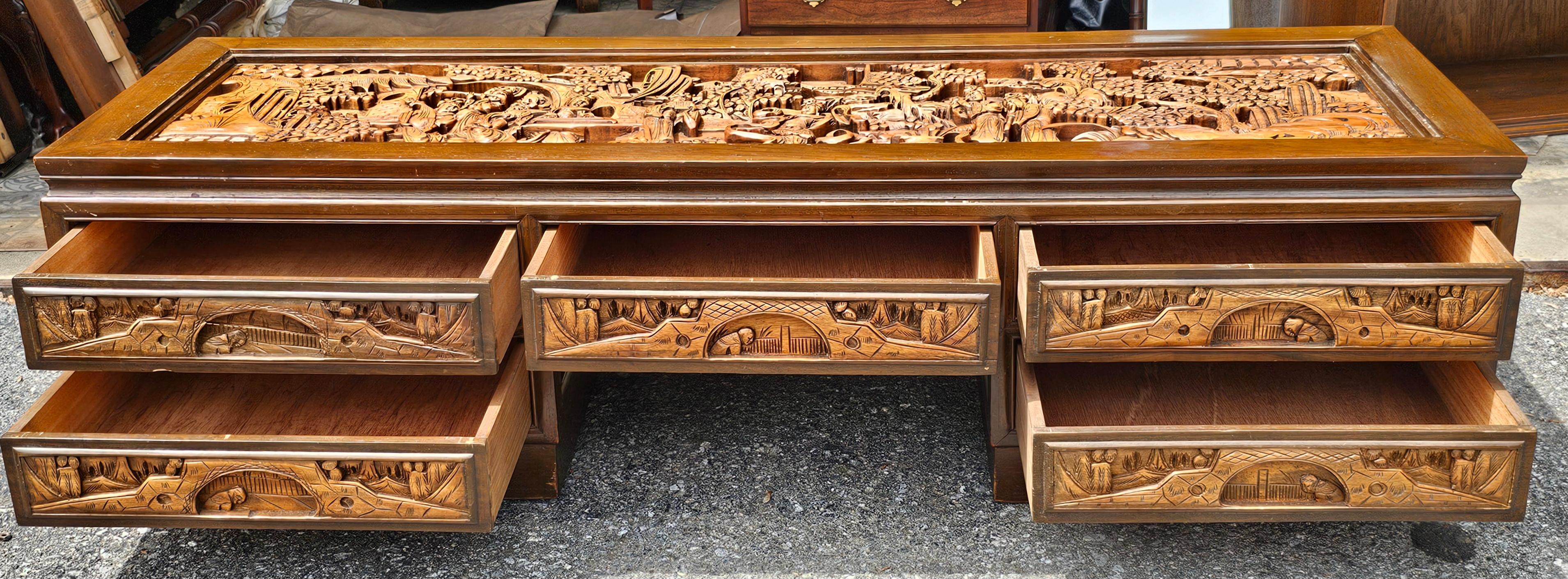 South East Asian Hand-Carved Five-Drawer Coffee Table with Glass Top Inset For Sale 1