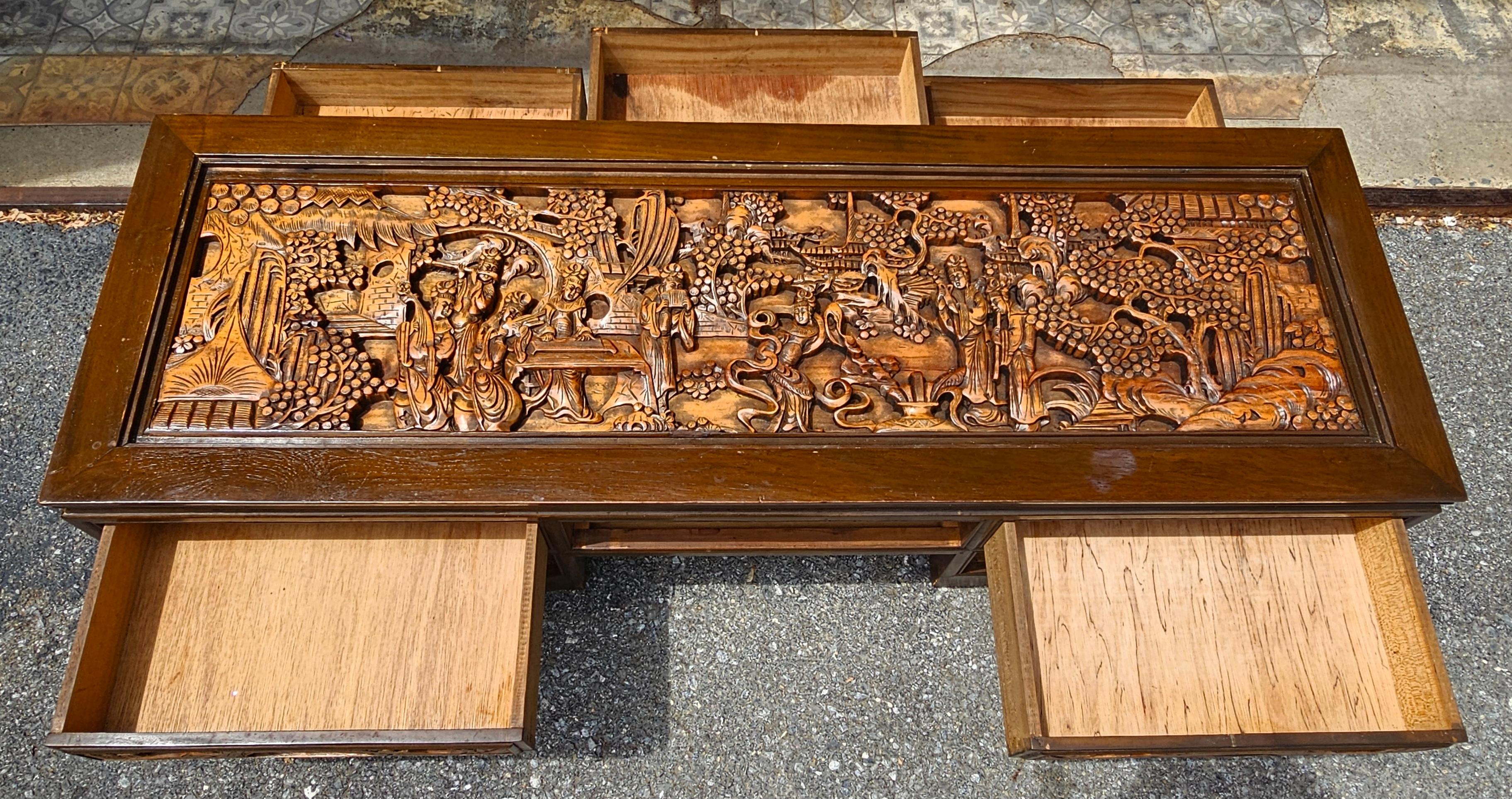South East Asian Hand-Carved Five-Drawer Coffee Table with Glass Top Inset For Sale 2
