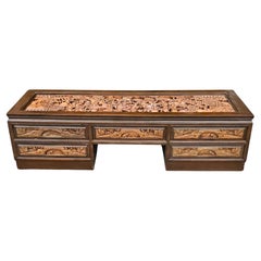 South East Asian Hand-Carved Five-Drawer Coffee Table with Glass Top Inset