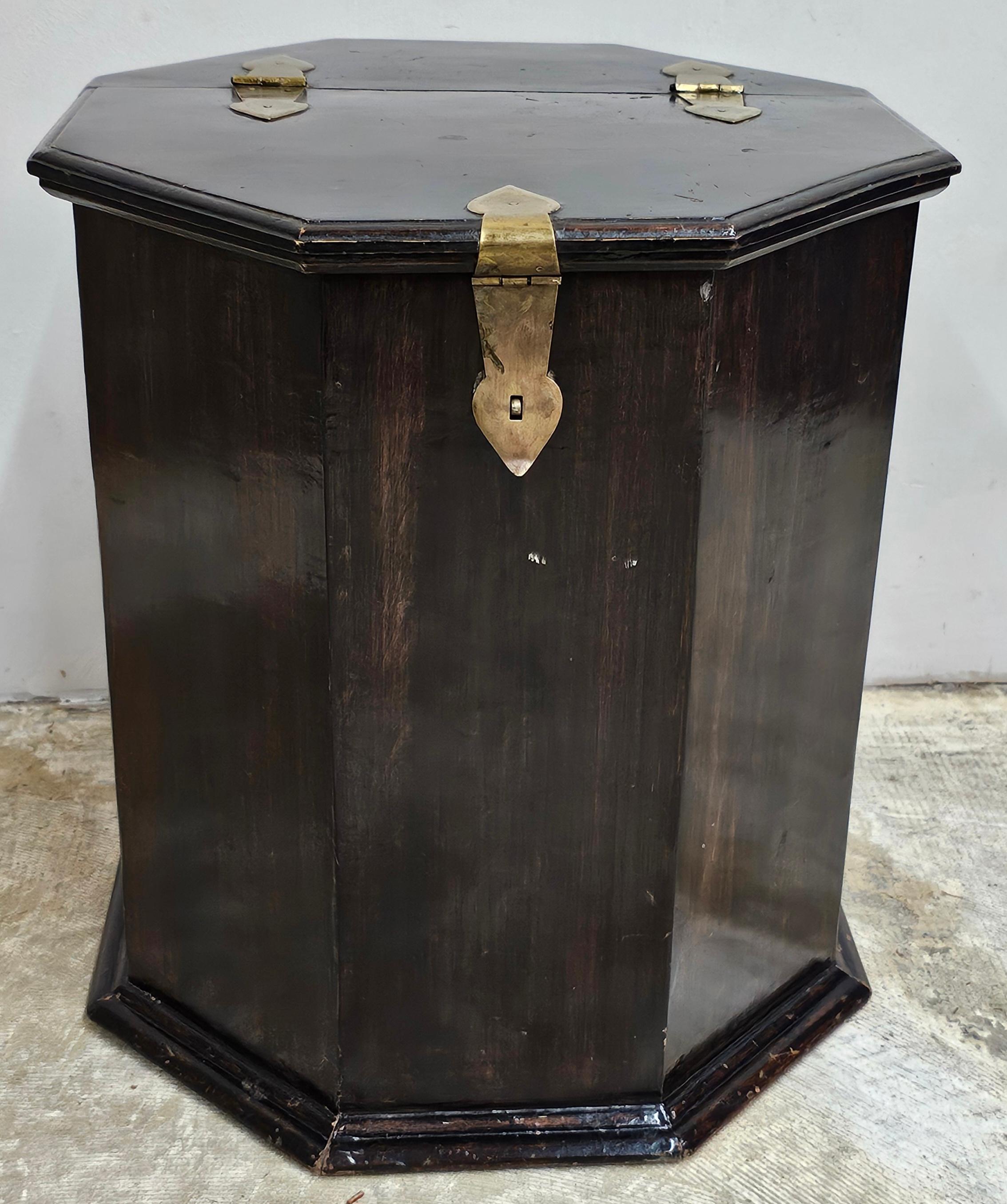 A South East Asian, probable Chinese, Hardwood Brass Hinged Storage Side Table Cabinet. Workd well as an occasional low stool. Measures 16.25