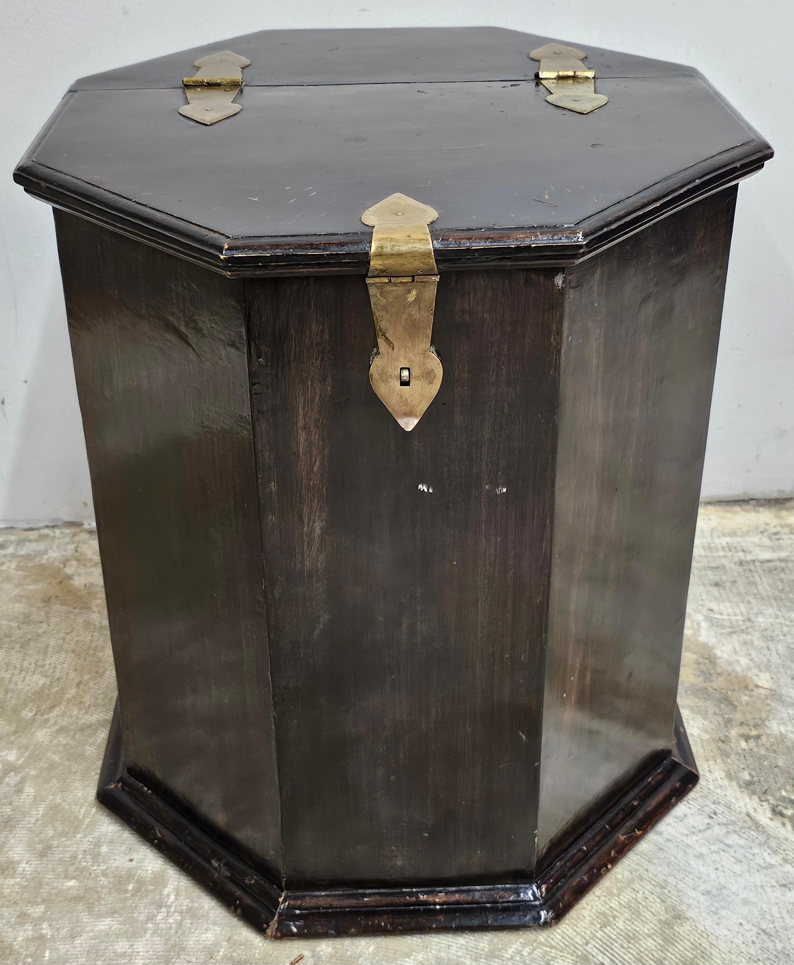 Chinese Export South East Asian Hardwood Brass Hinged Storage Side Table Cabinet For Sale