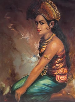 Large 1960's Oil Portrait of Bali South Eastern Asia Lady in Traditional Attire