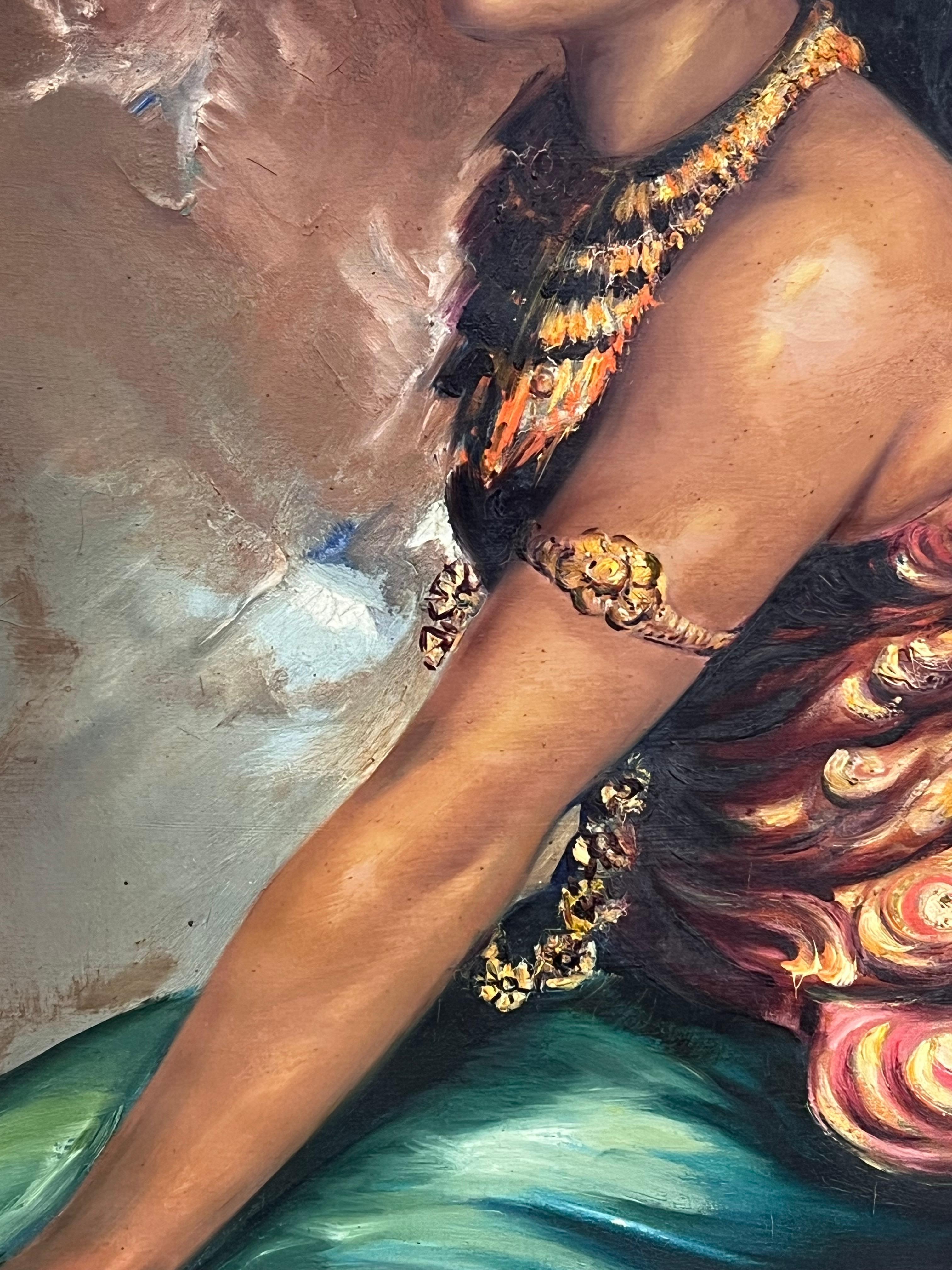 Großes Ölporträt der 1960er Jahre von Bali Südostasien Dame in traditioneller Kleidung (Braun), Portrait Painting, von South East Asian