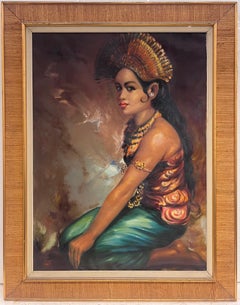 Großes Ölporträt der 1960er Jahre von Bali Südostasien Dame in traditioneller Kleidung