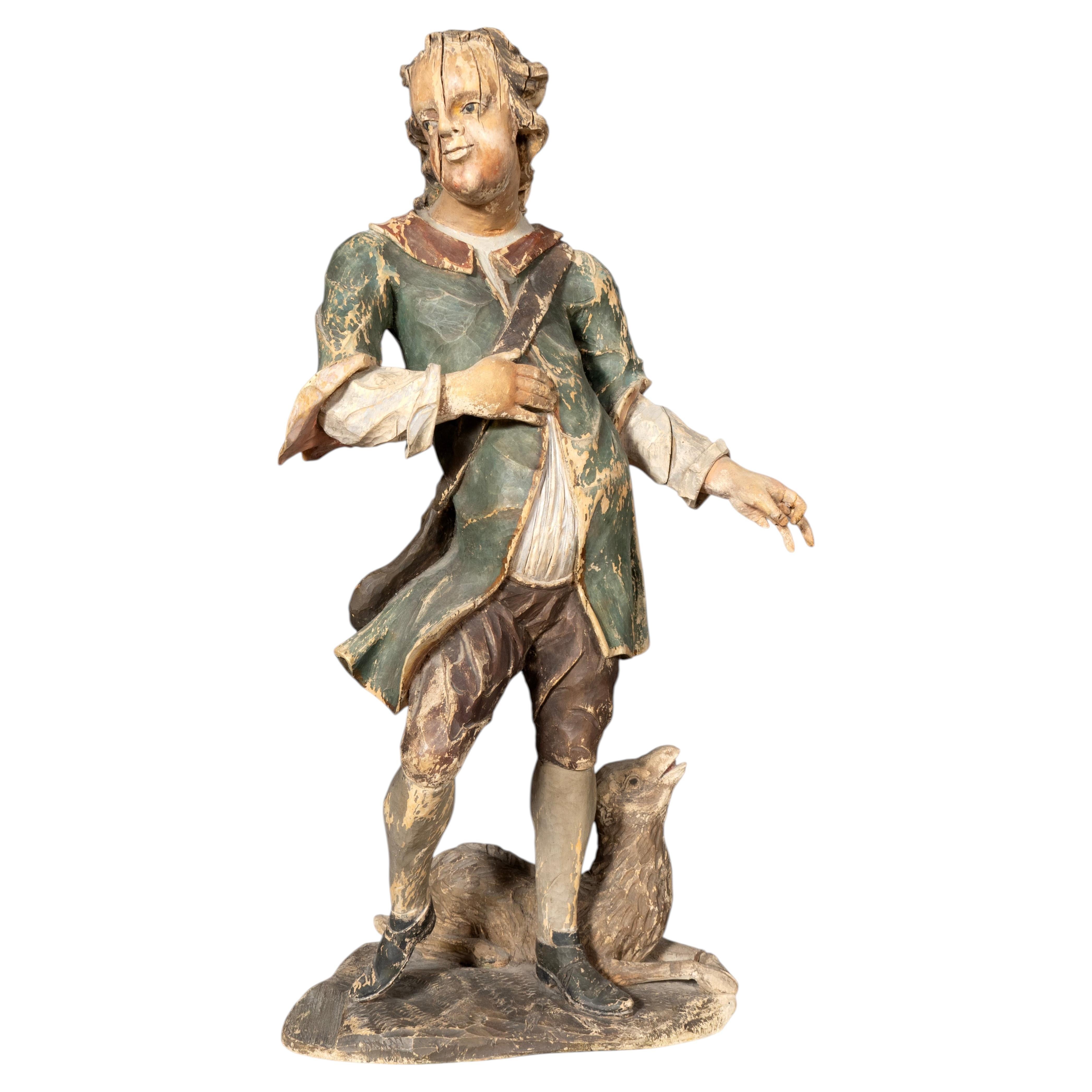 South German Carved Wood Figure Of A Shepherd And His Sheep For Sale