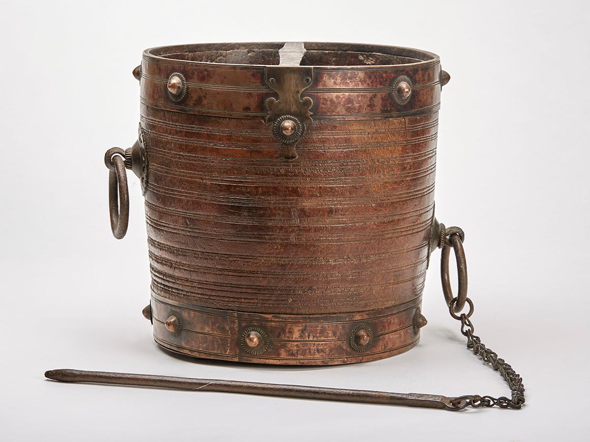 South Indian Antique Metal Clad Wood Rice Bucket  For Sale 3