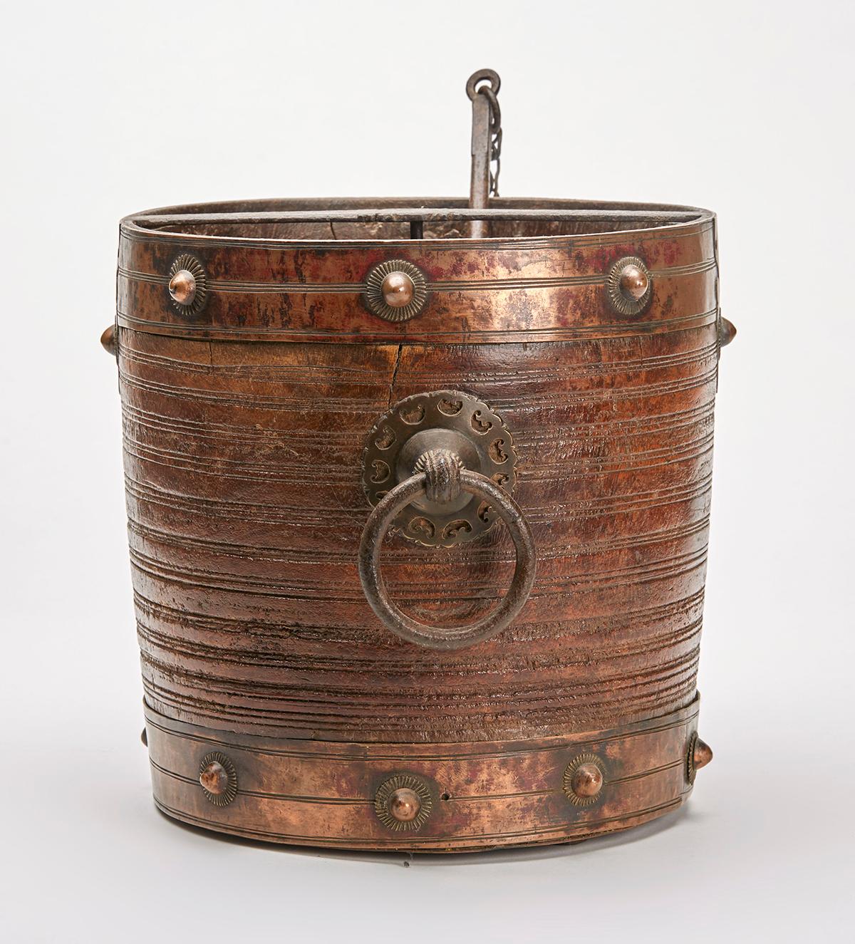 Anglo-Indian South Indian Antique Metal Clad Wood Rice Bucket For Sale