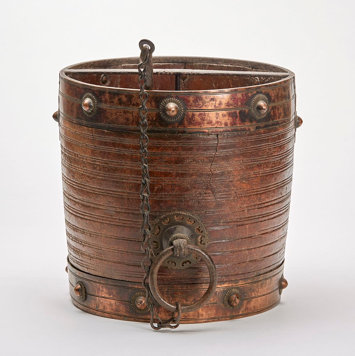 Hand-Crafted South Indian Antique Metal Clad Wood Rice Bucket  For Sale