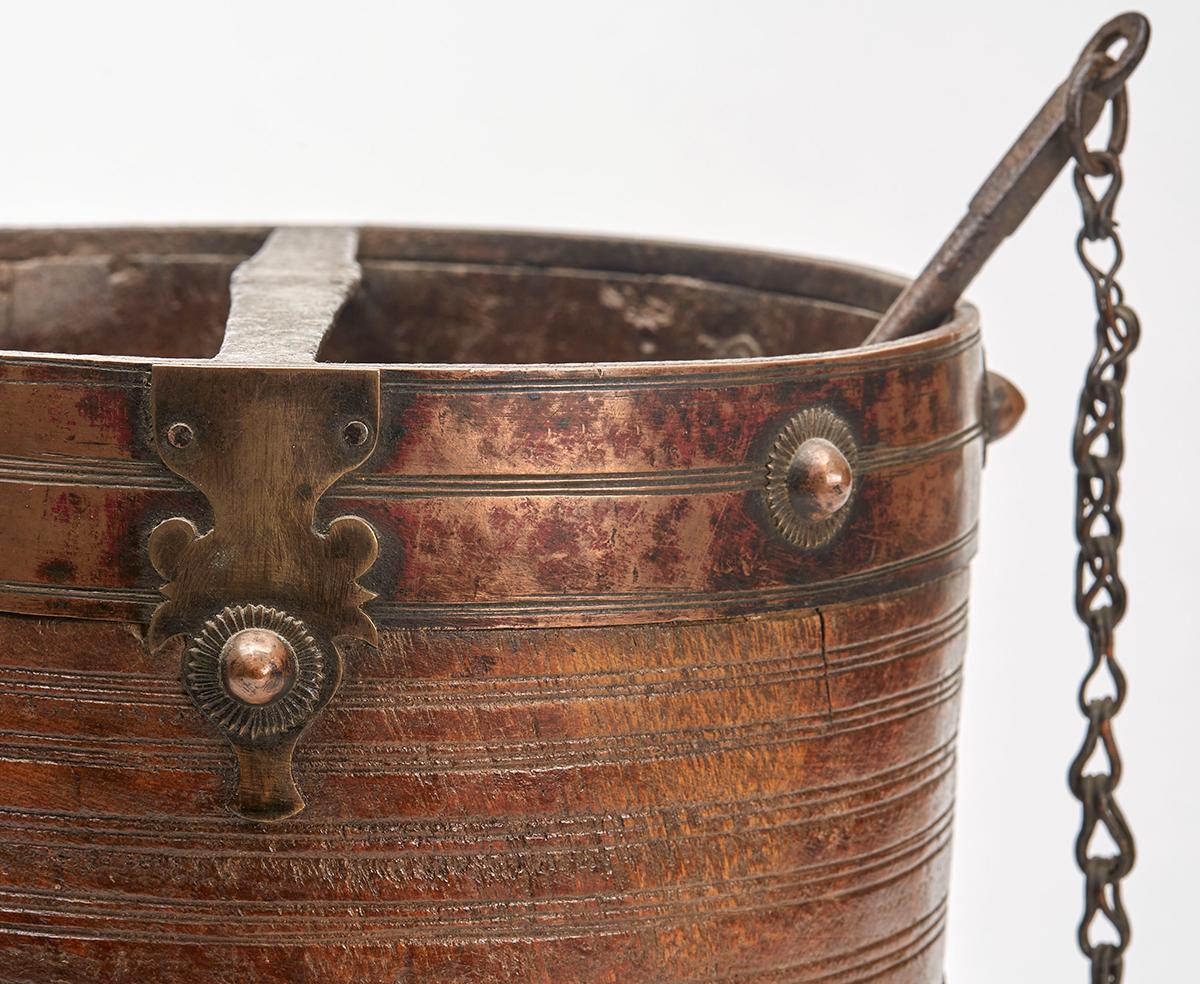 Brass South Indian Antique Metal Clad Wood Rice Bucket  For Sale