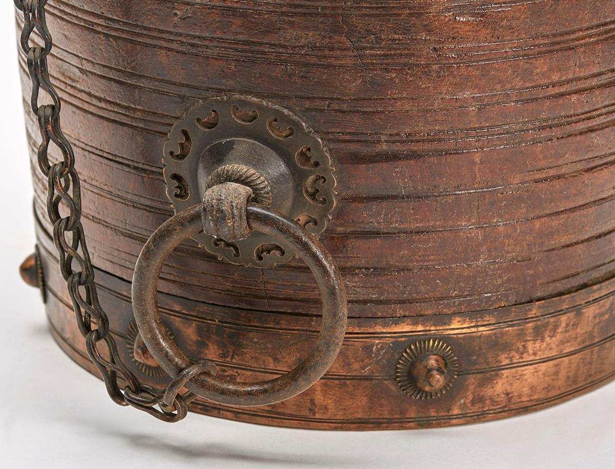 South Indian Antique Metal Clad Wood Rice Bucket  For Sale 1