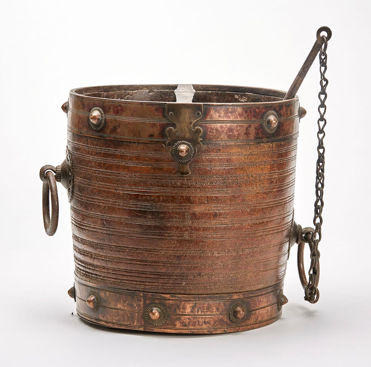 South Indian Antique Metal Clad Wood Rice Bucket For Sale 2