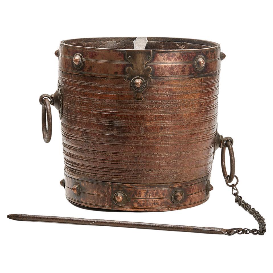 South Indian Antique Metal Clad Wood Rice Bucket  For Sale