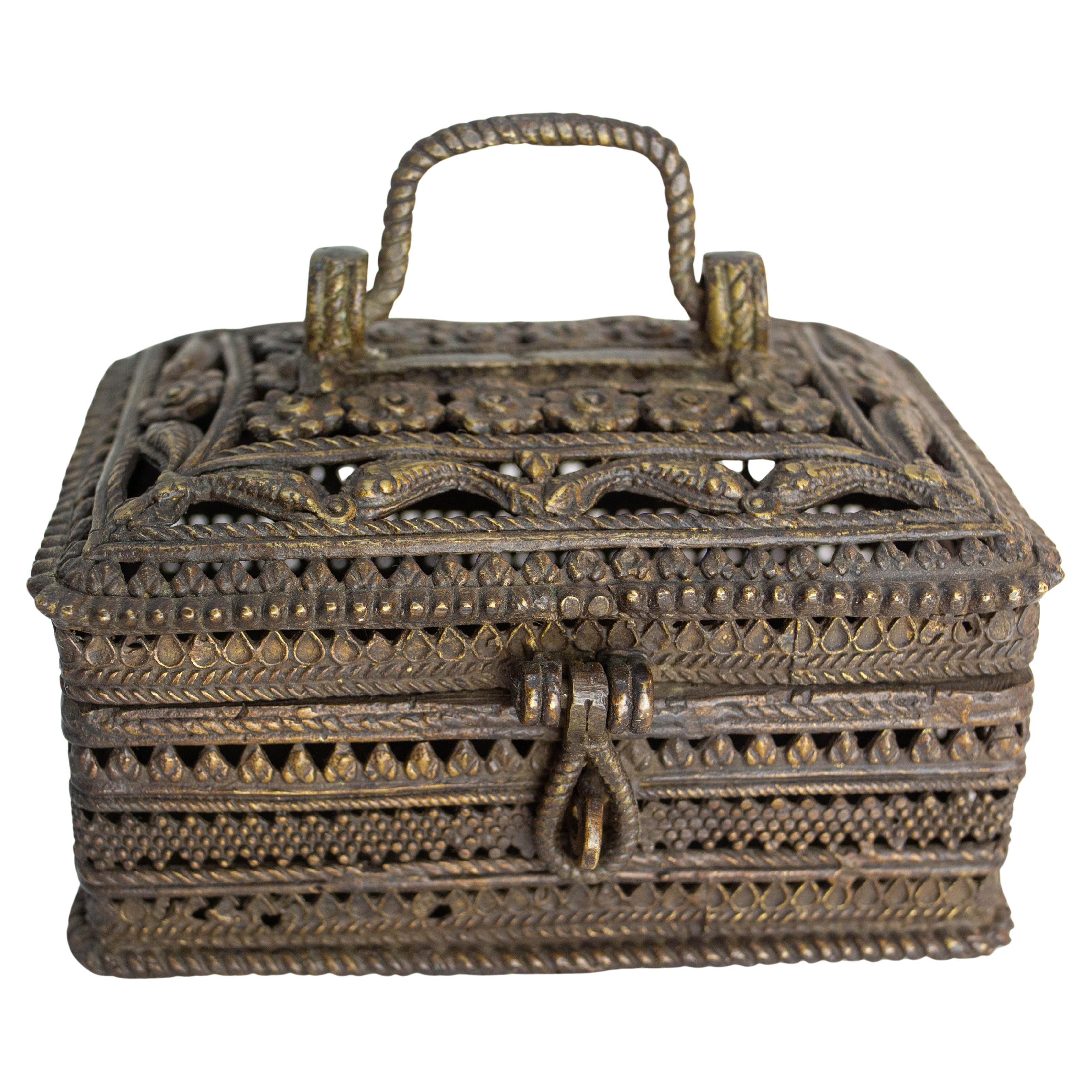 South Indian Brass Box Jewel Box Droga Art circa 1950 For Sale