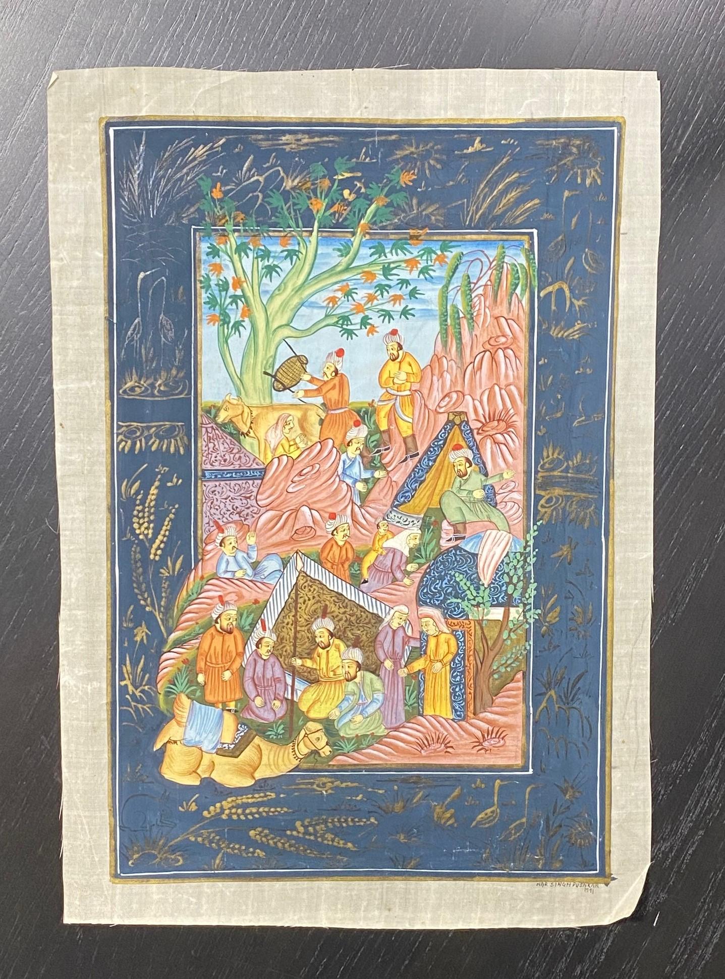 A beautiful, intricately detailed, and boldly colored South Indian miniature painting of village life in Rajasthan, India.  These paintings are also known as Rajput paintings and/or Rajasthani paintings.   This style evolved and flourished in the