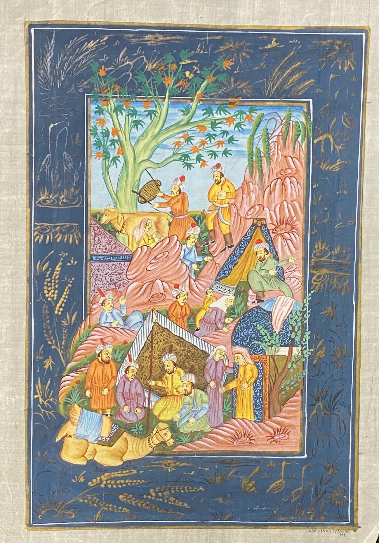Indien Peinture miniature signée du sud de l'Inde, Rajasthan, scène de village dans le désert en vente